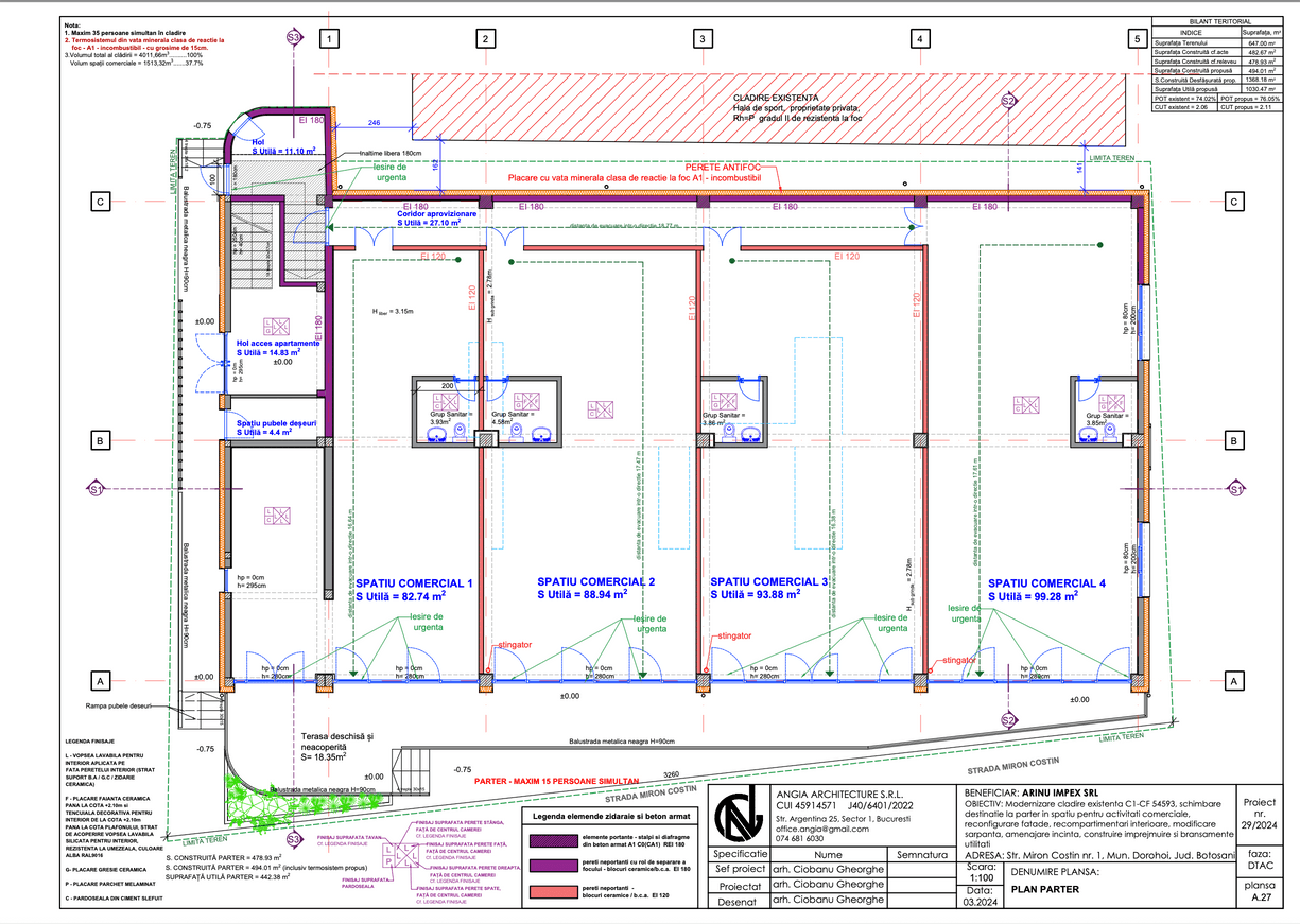 Plan arhitectural parter — spatii comerciale Arinu Residence
